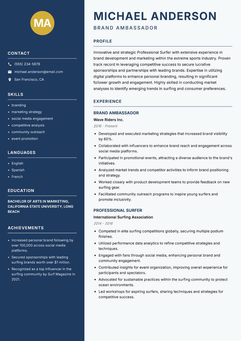 Professional Surfer resume sample — Brand Ambassador focus
