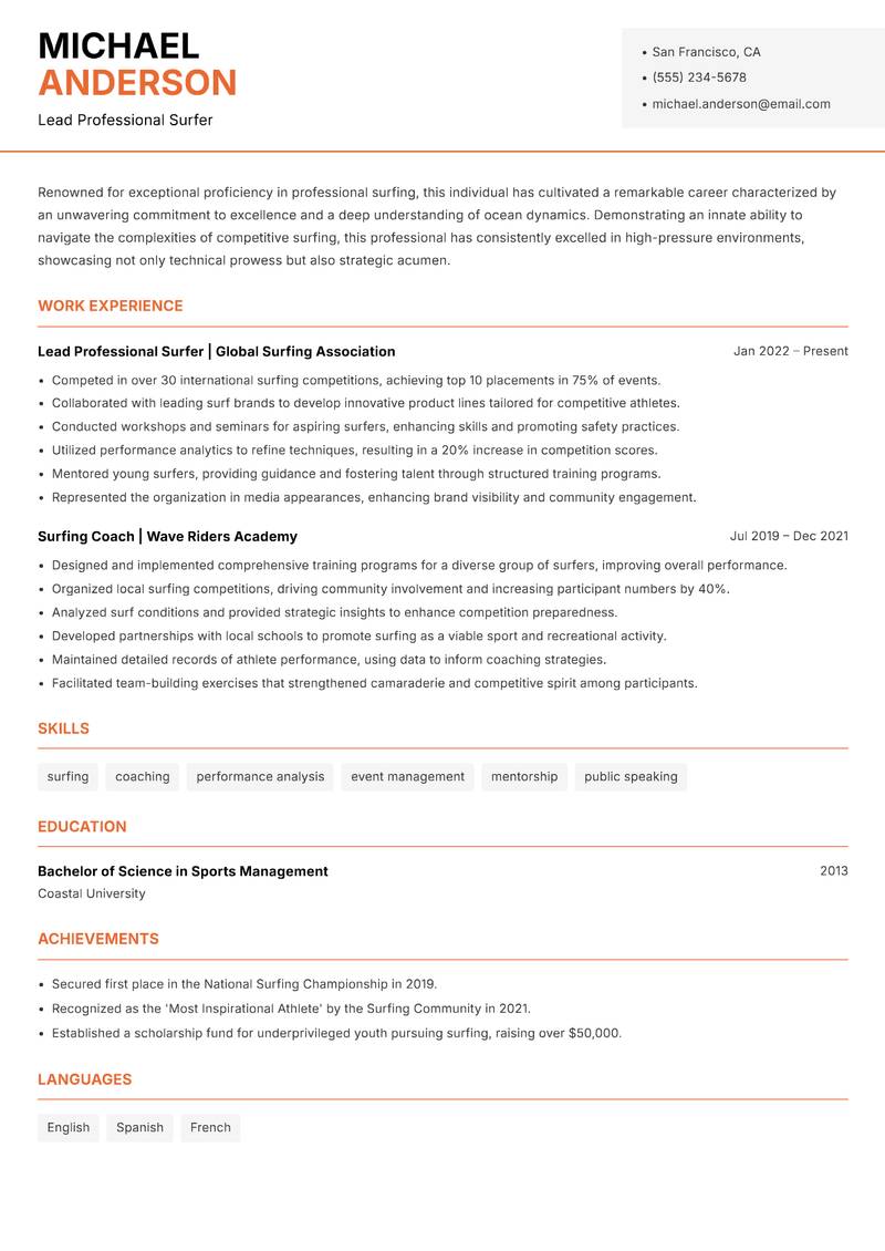 Professional Surfer resume sample — Lead Professional Surfer focus