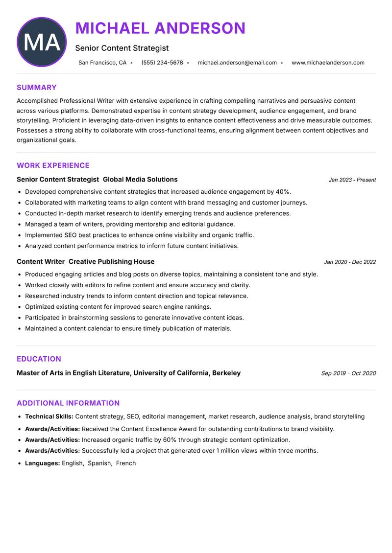 Professional Writer resume example