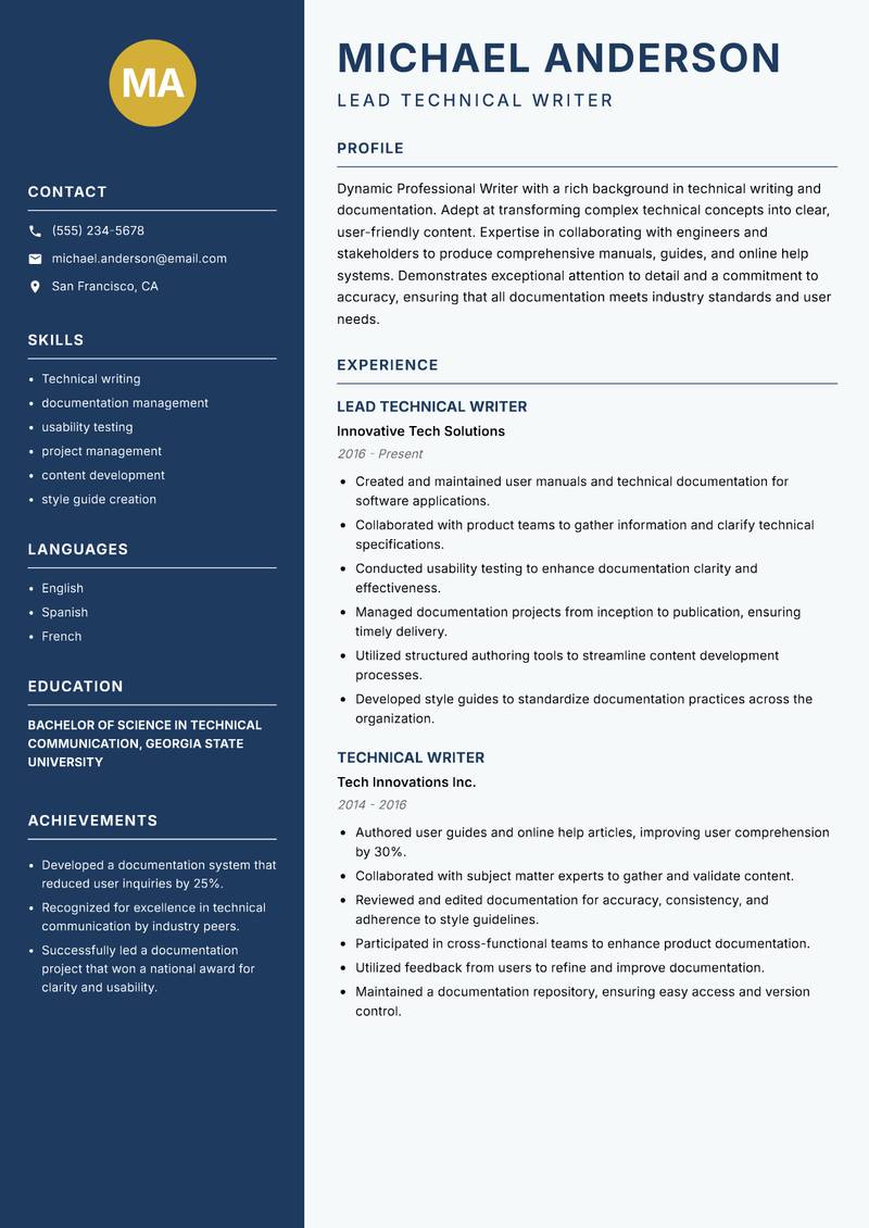 Professional Writer resume sample — Lead Technical Writer focus