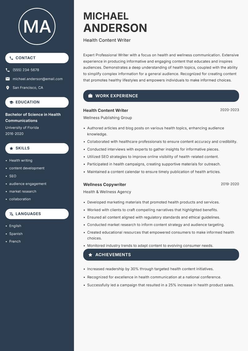 Professional Writer resume sample — Health Content Writer focus