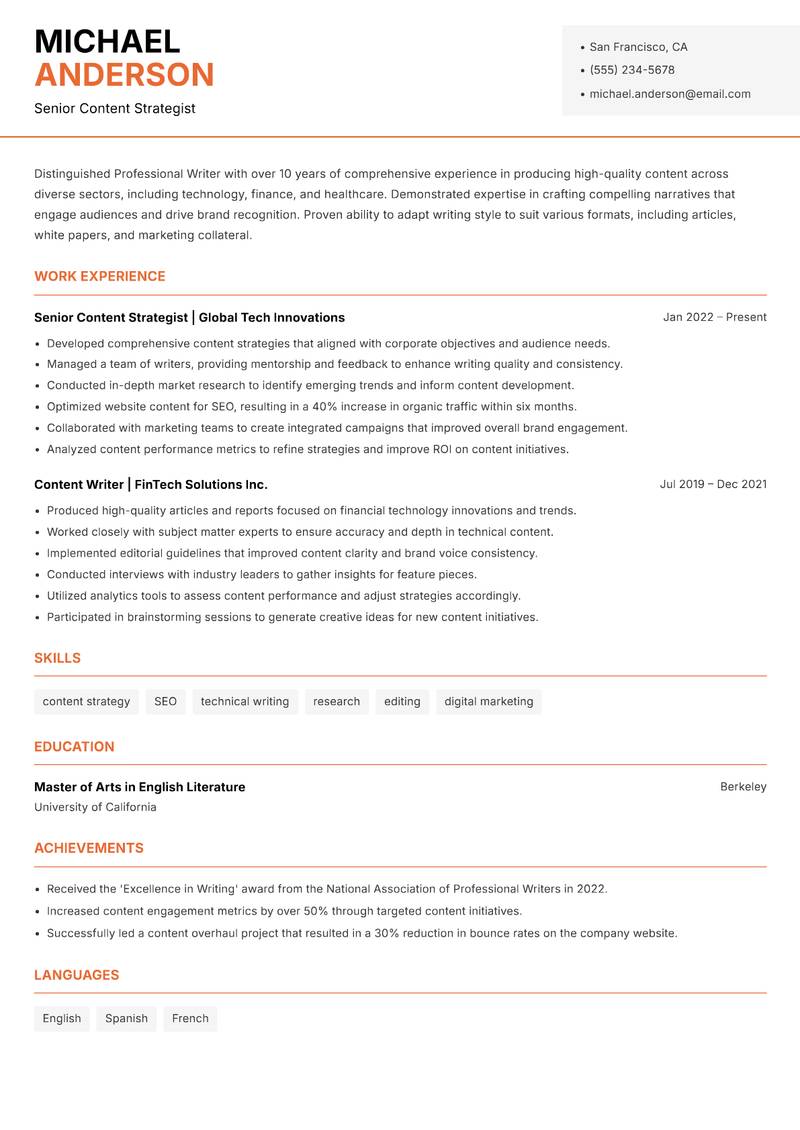 Professional Writer resume sample — Senior Content Strategist focus
