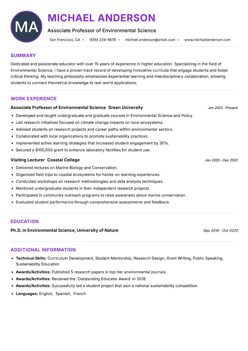 Professor resume example