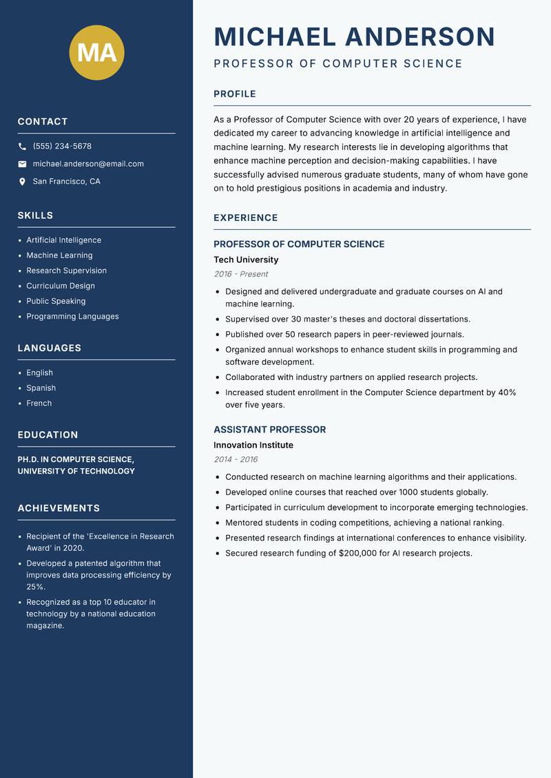 Professor resume sample — Professor of Computer Science focus