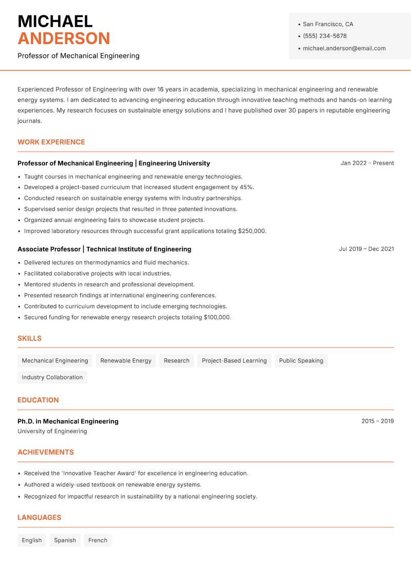 Professor resume sample — Professor of Mechanical Engineering focus