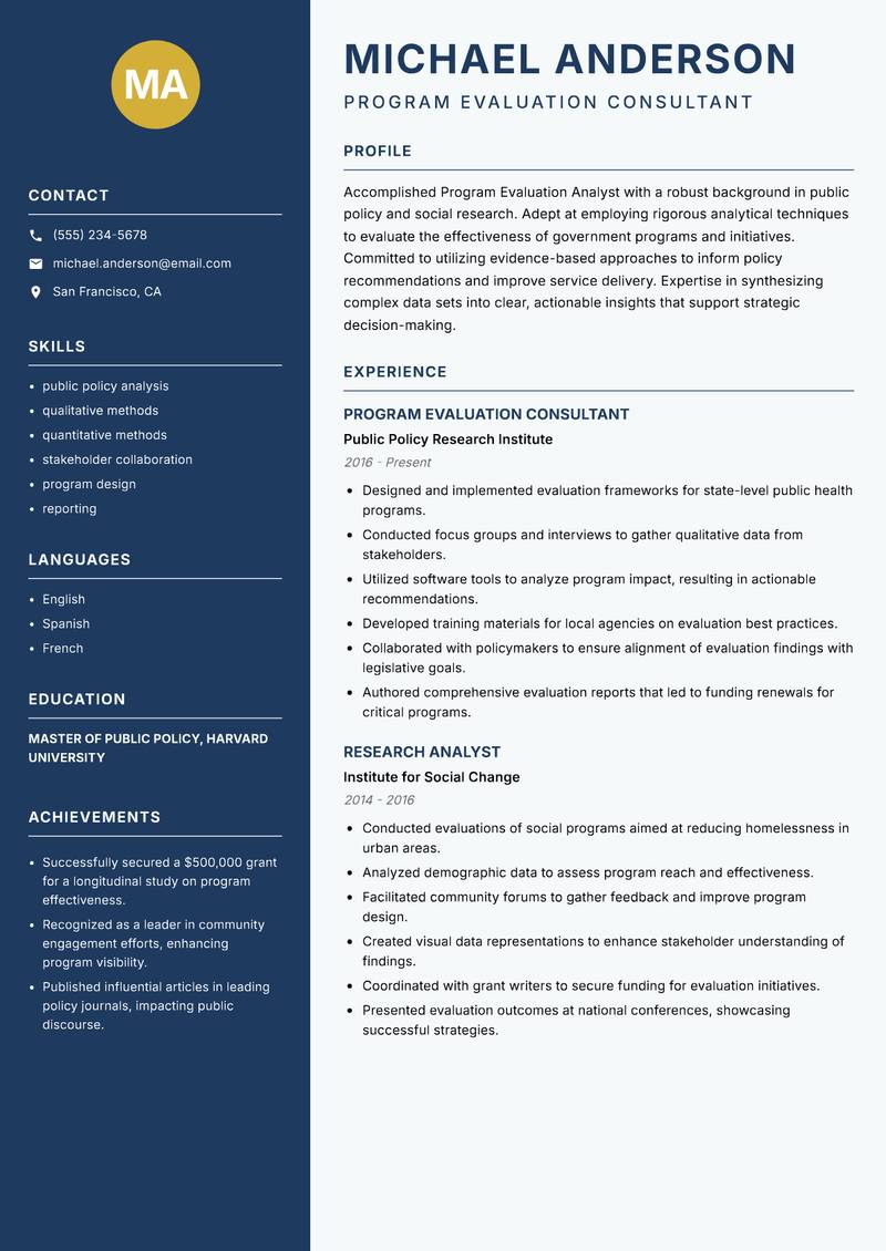 Program Evaluation Analyst resume sample — Program Evaluation Consultant focus