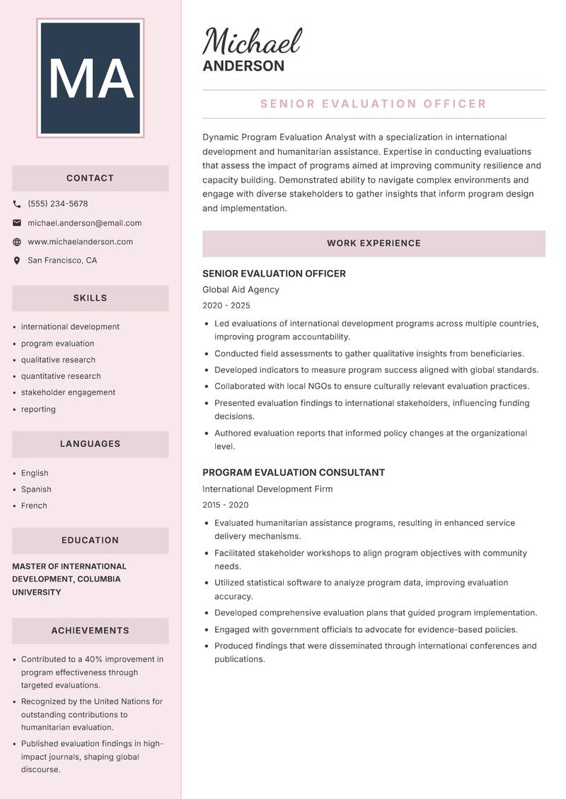 Program Evaluation Analyst resume sample — Senior Evaluation Officer focus