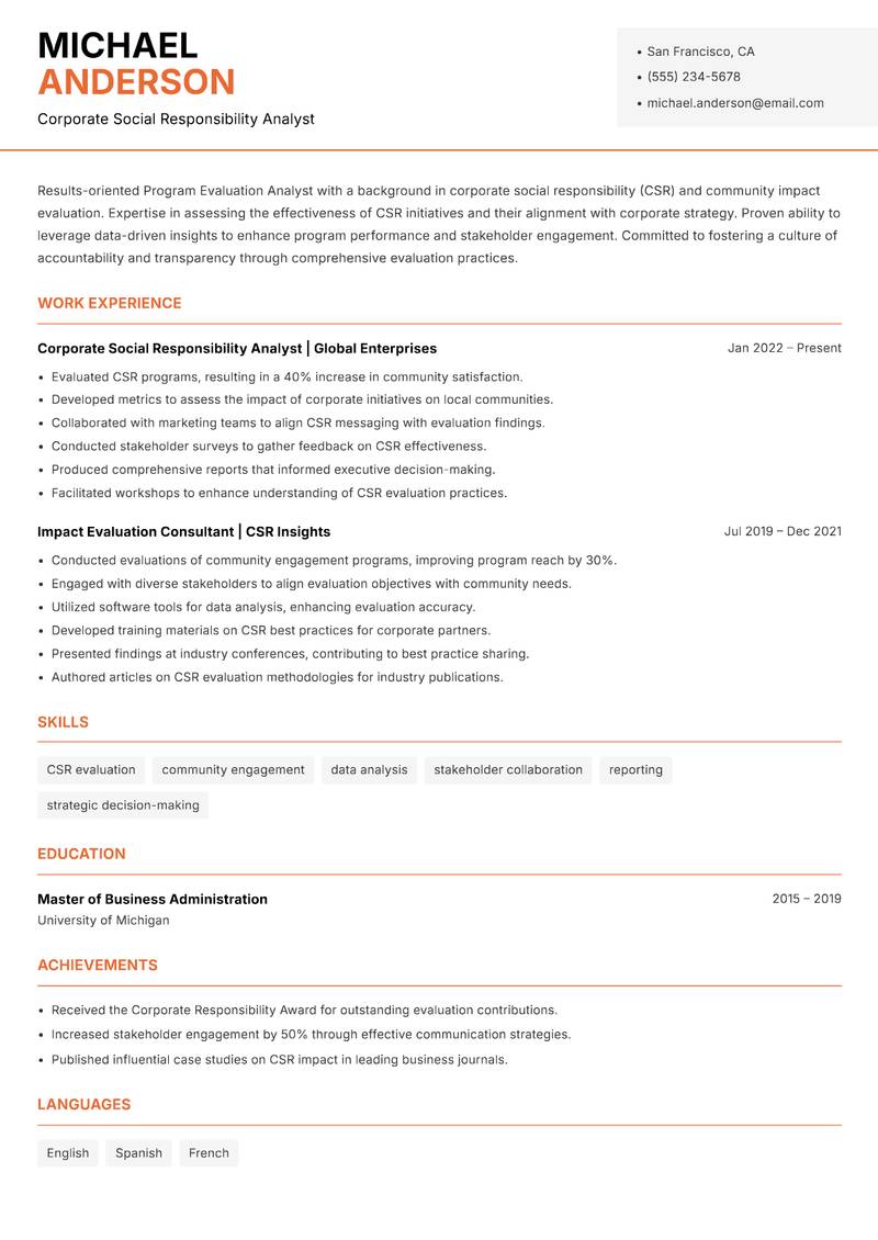 Program Evaluation Analyst resume sample — Corporate Social Responsibility Analyst focus