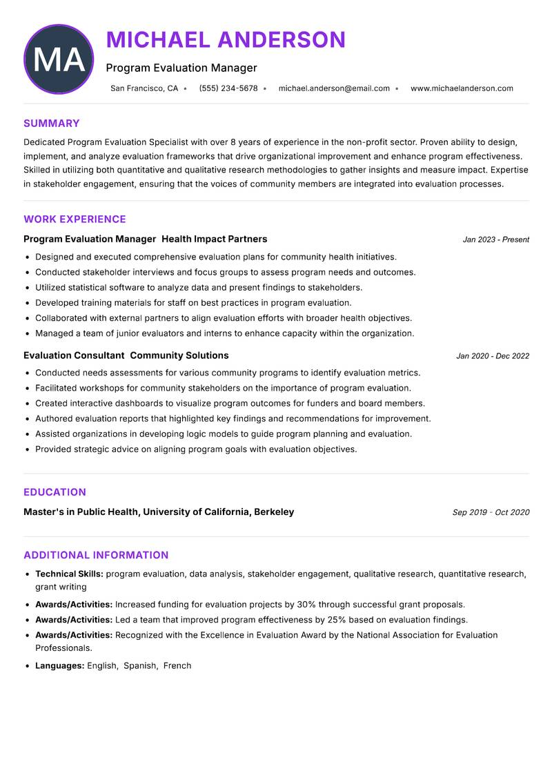 Program Evaluation Specialist resume example