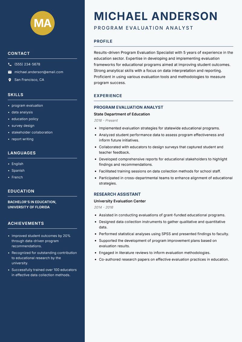Program Evaluation Specialist resume sample — Program Evaluation Analyst focus