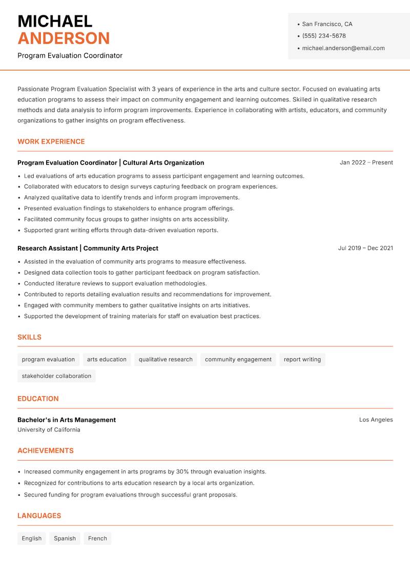 Program Evaluation Specialist resume sample — Program Evaluation Coordinator focus