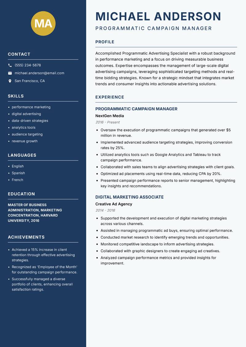 Programmatic Advertising Specialist resume sample — Programmatic Campaign Manager focus