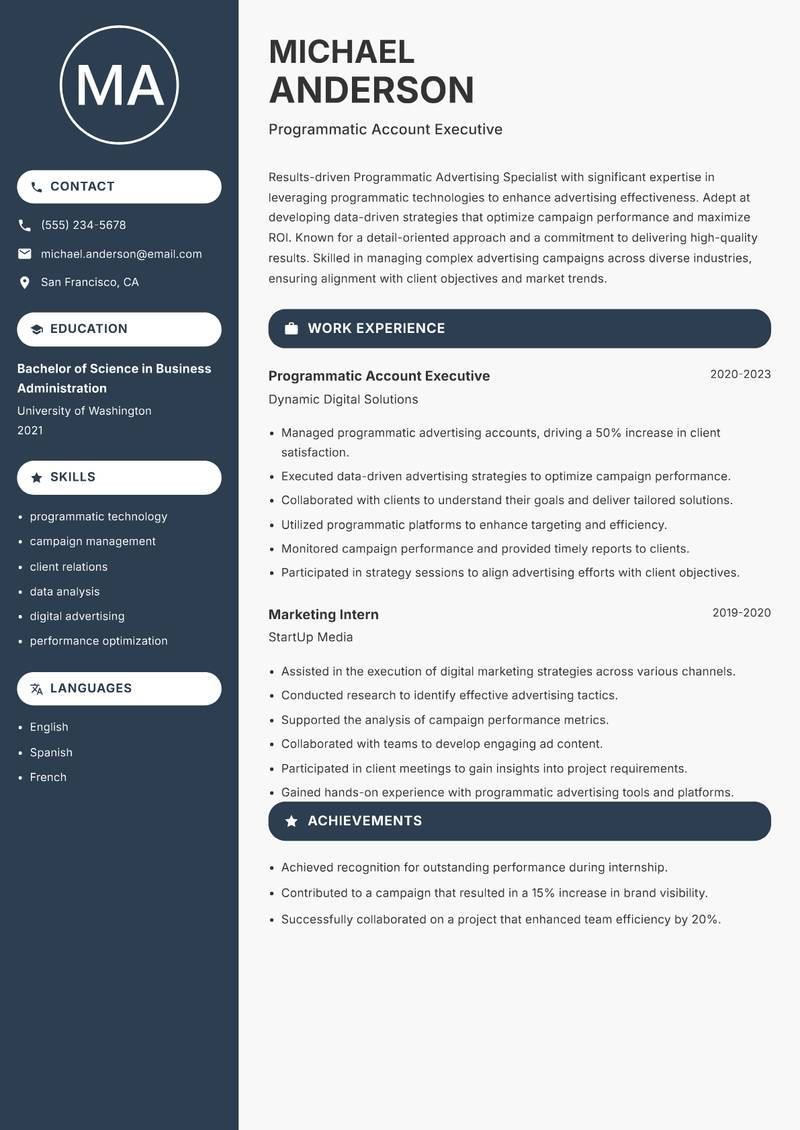 Programmatic Advertising Specialist resume sample — Programmatic Account Executive focus