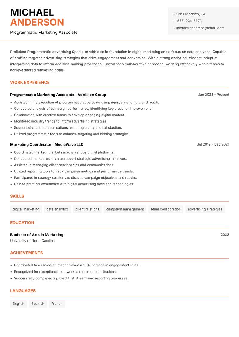 Programmatic Advertising Specialist resume sample — Programmatic Marketing Associate focus
