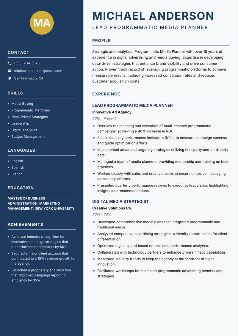 Programmatic Media Planner resume sample — Lead Programmatic Media Planner focus