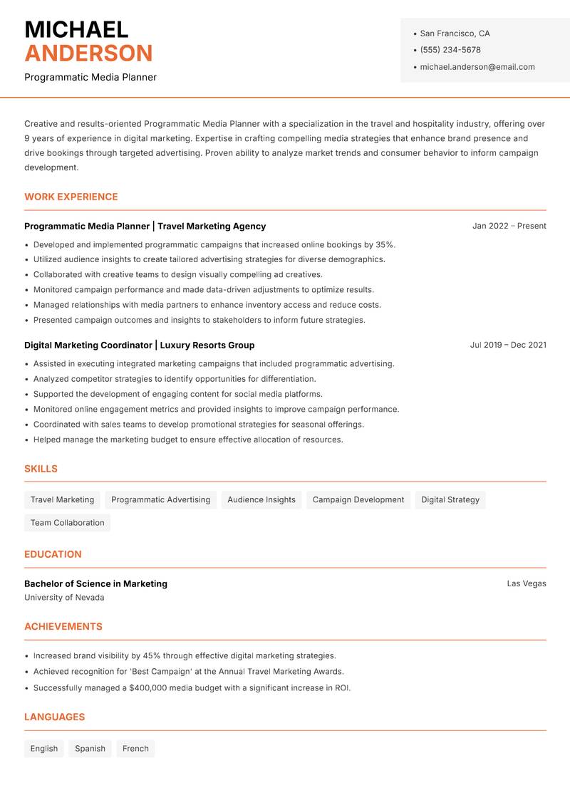 Programmatic Media Planner resume sample — Programmatic Media Planner focus
