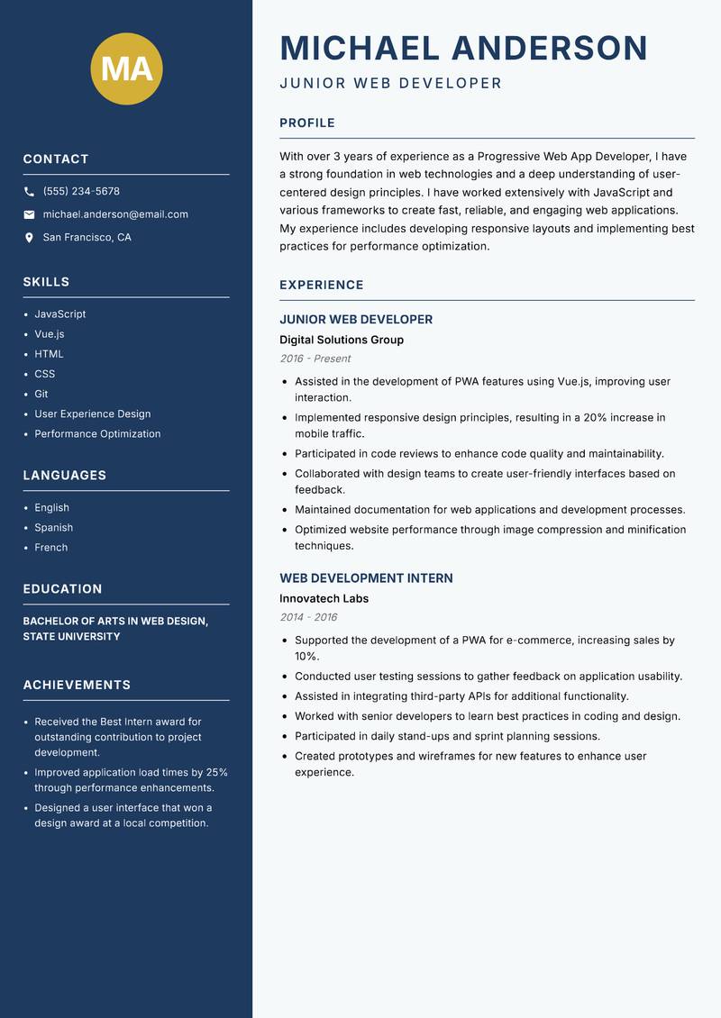 Progressive Web App Developer resume sample — Junior Web Developer focus