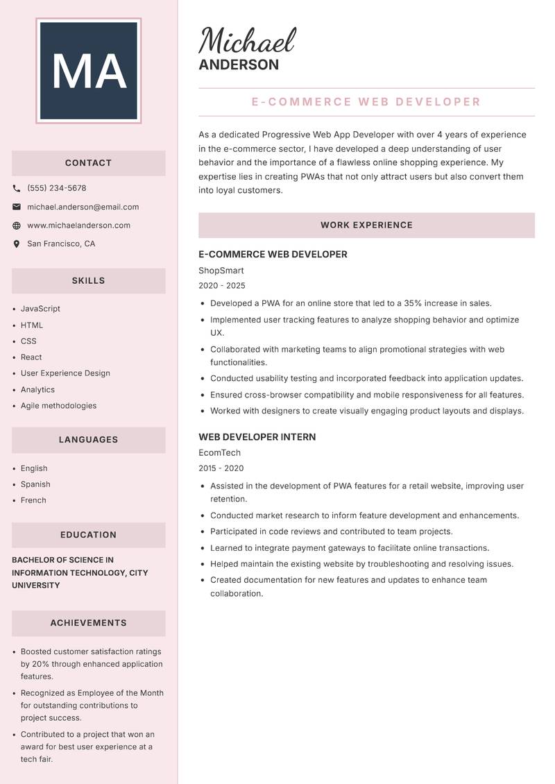 Progressive Web App Developer resume sample — E-Commerce Web Developer focus