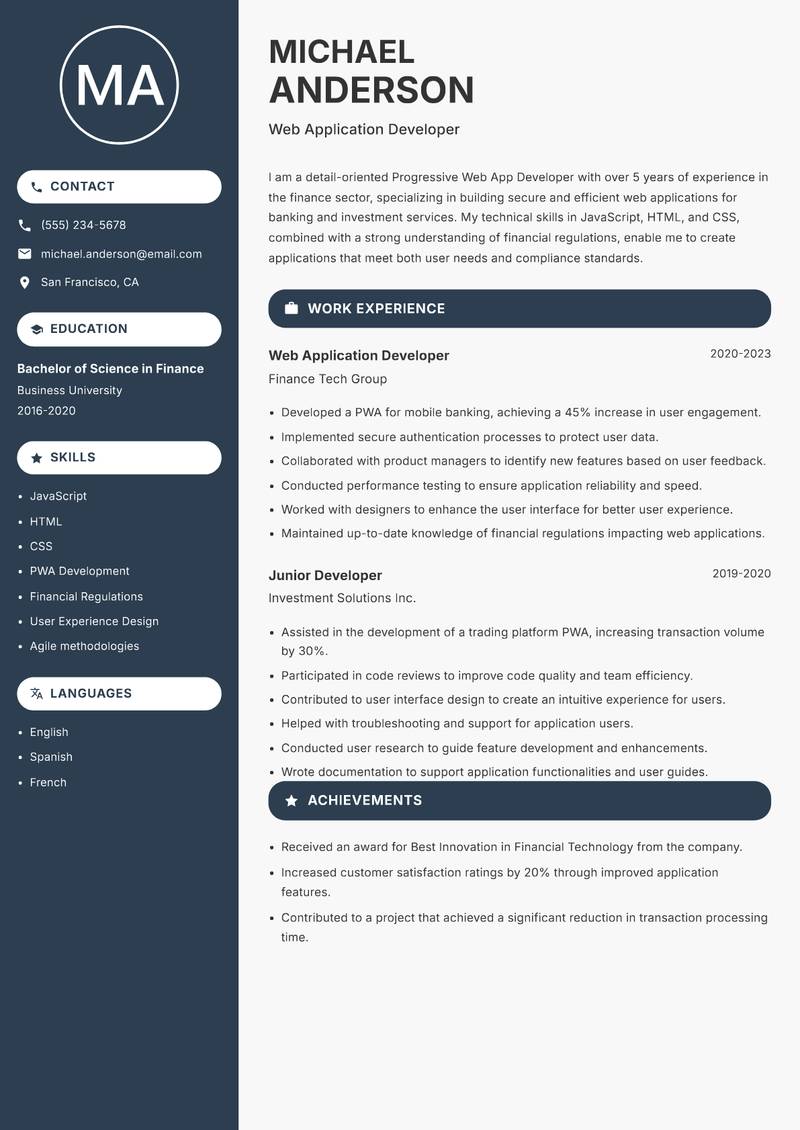 Progressive Web App Developer resume sample — Web Application Developer focus