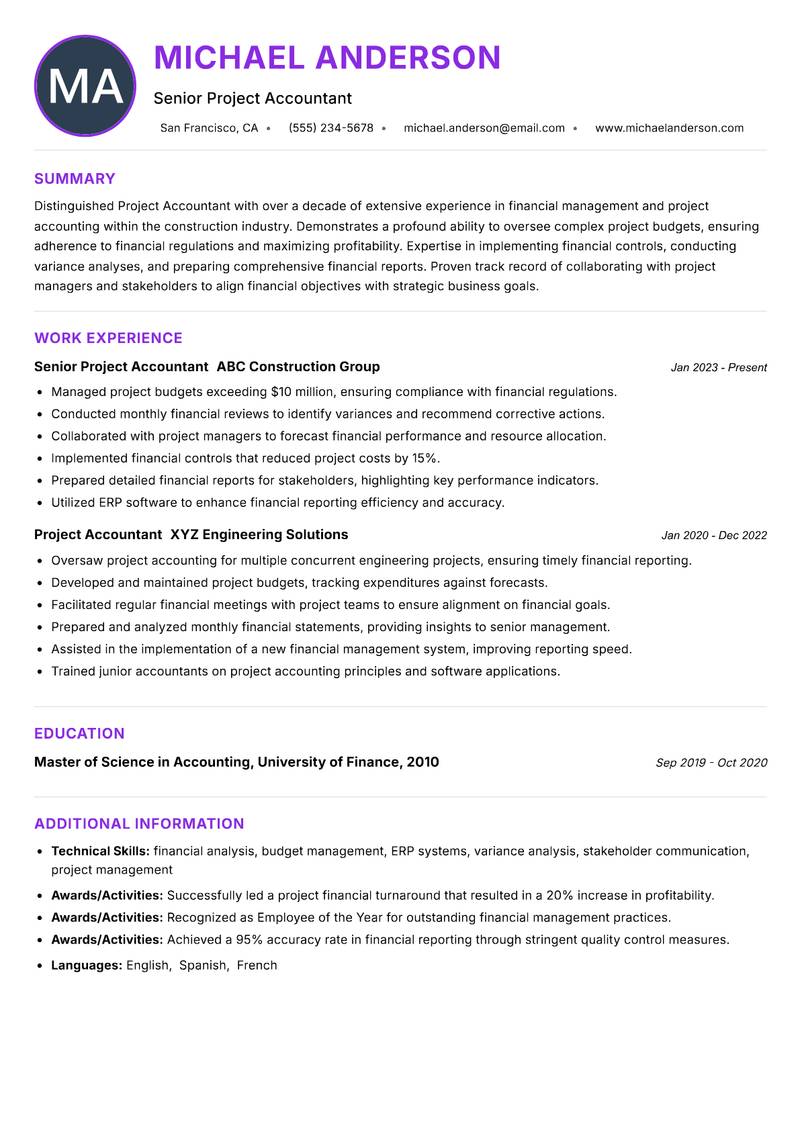 Project Accountant resume example