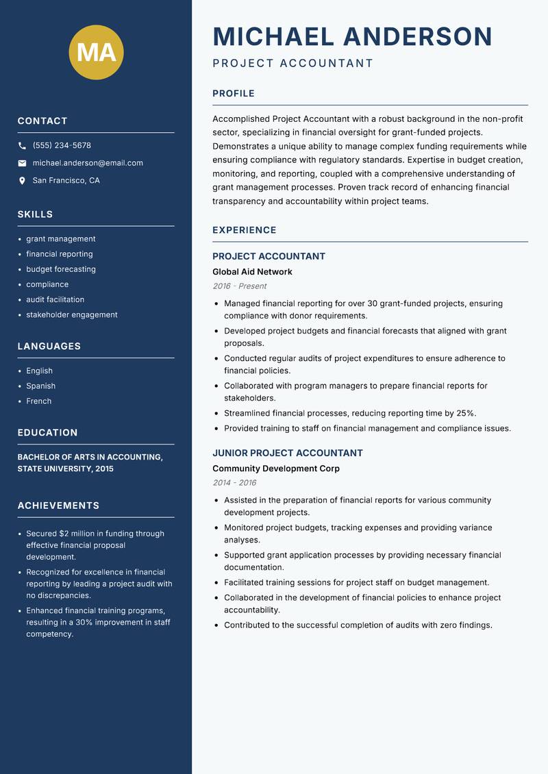 Project Accountant resume sample — Project Accountant focus