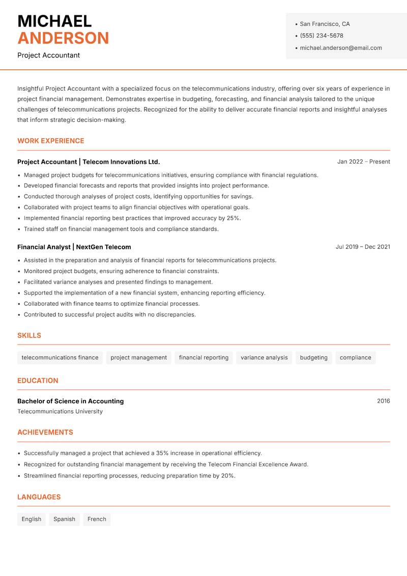 Project Accountant resume sample — Project Accountant focus
