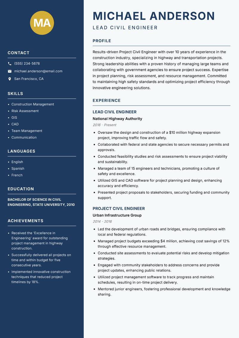Project Civil Engineer resume sample — Lead Civil Engineer focus
