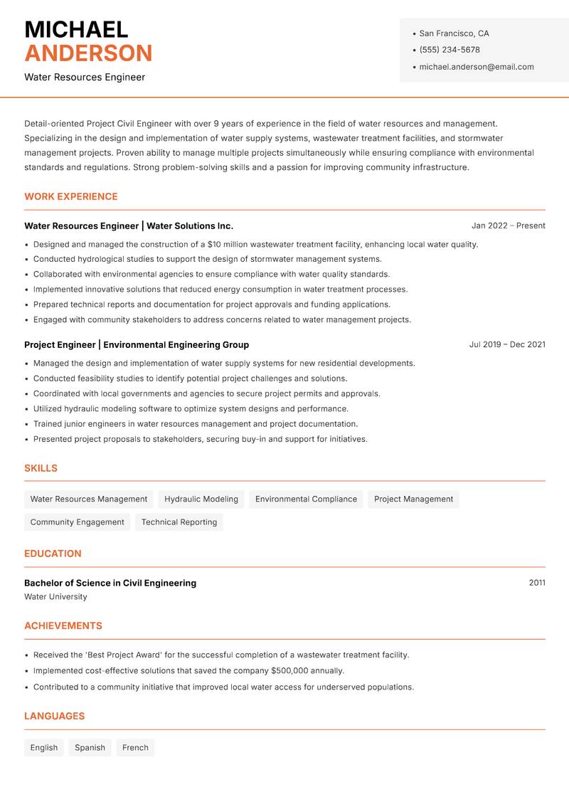 Project Civil Engineer resume sample — Water Resources Engineer focus