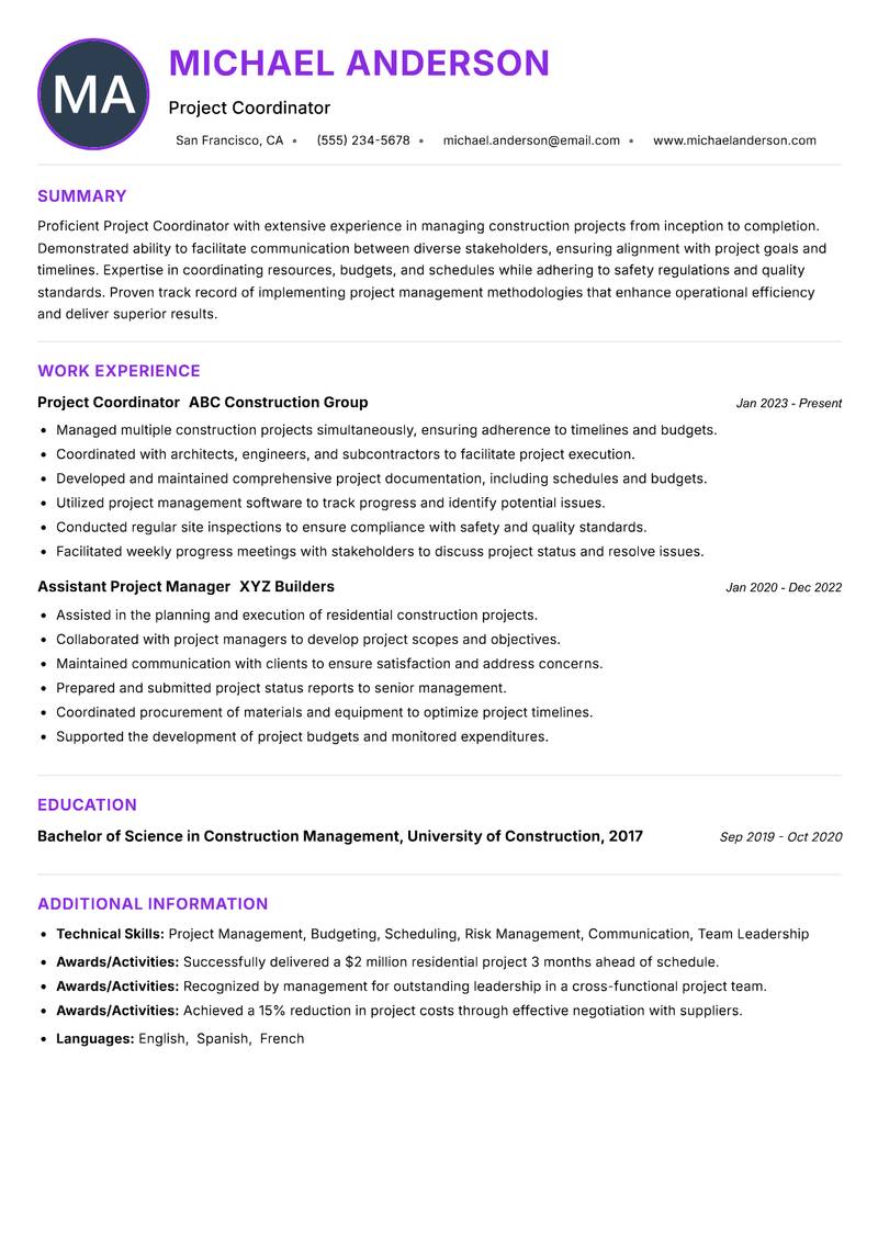 Project Coordinator Construction resume example