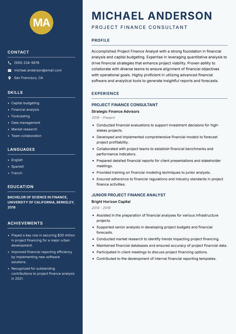 Project Finance Analyst resume sample — Project Finance Consultant focus