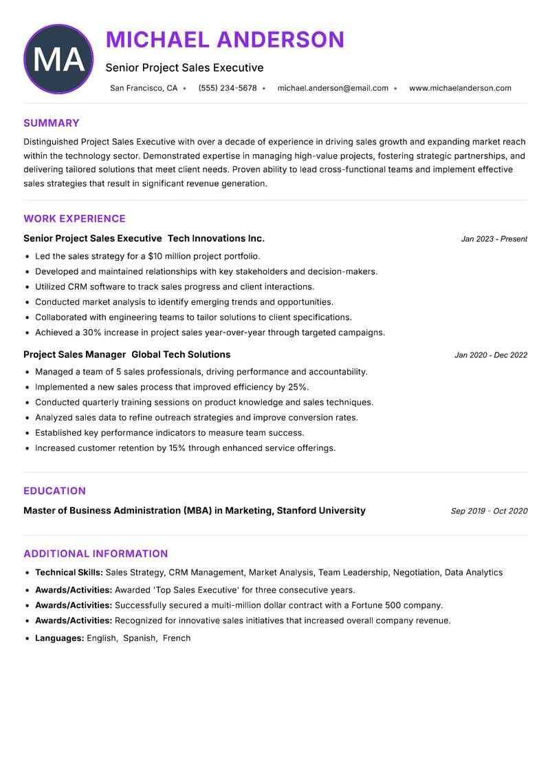 Project Sales Executive resume example