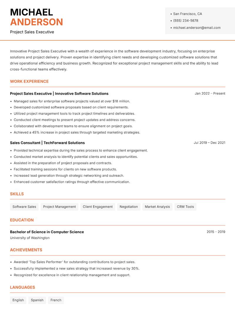 Project Sales Executive resume sample — Project Sales Executive focus