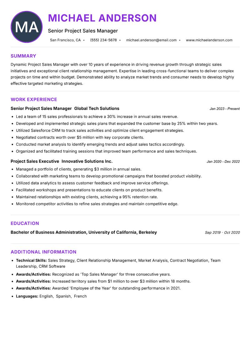 Project Sales Manager resume example
