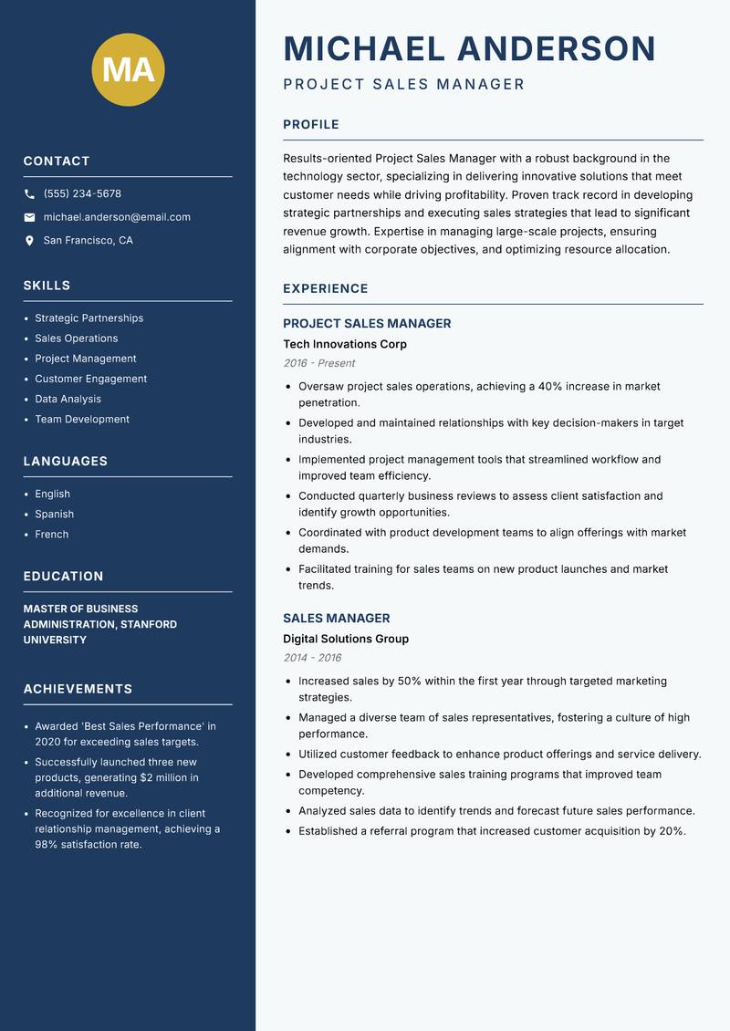 Project Sales Manager resume sample — Project Sales Manager focus