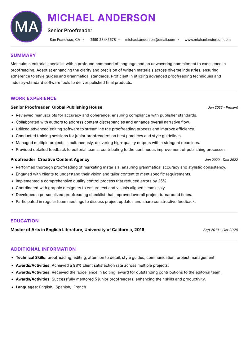 Proofreader resume example