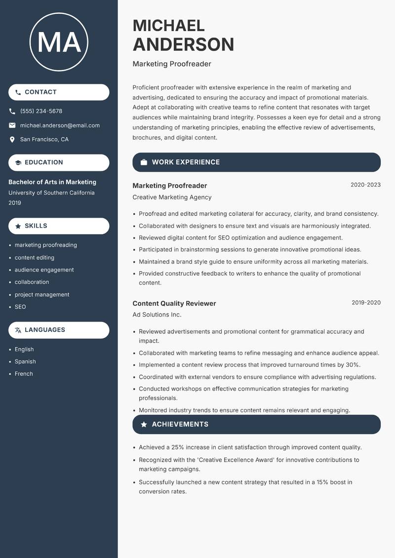 Proofreader resume sample — Marketing Proofreader focus