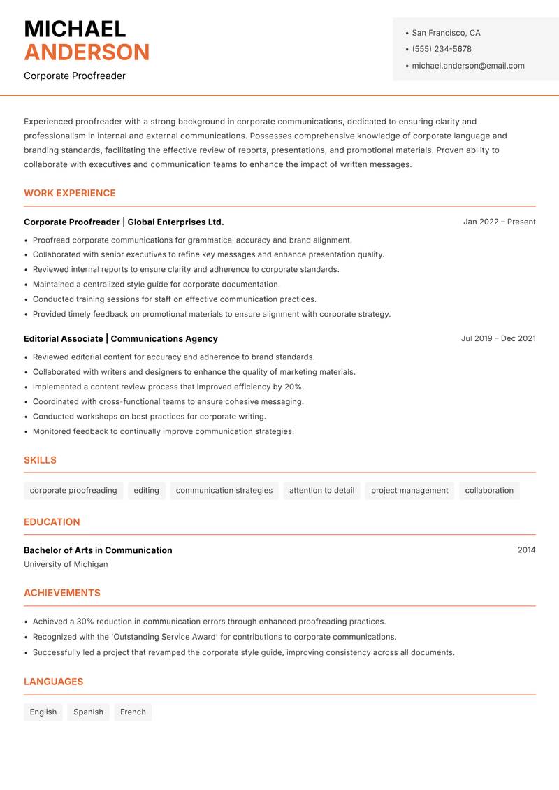 Proofreader resume sample — Corporate Proofreader focus