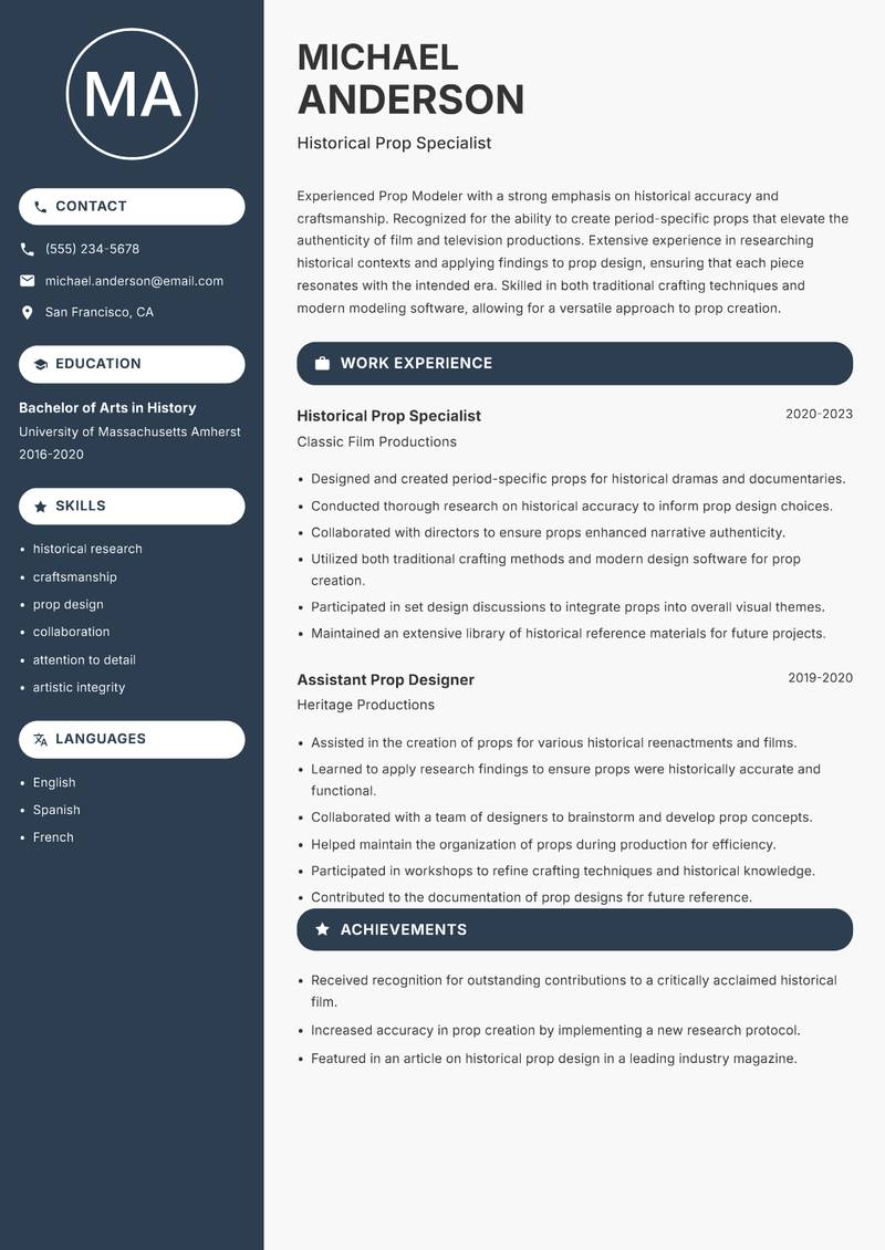 Prop Modeler resume sample — Historical Prop Specialist focus