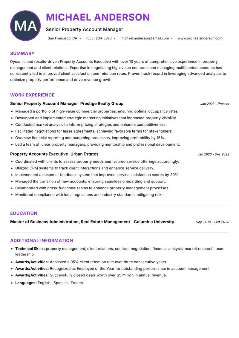 Property Accounts Executive resume example