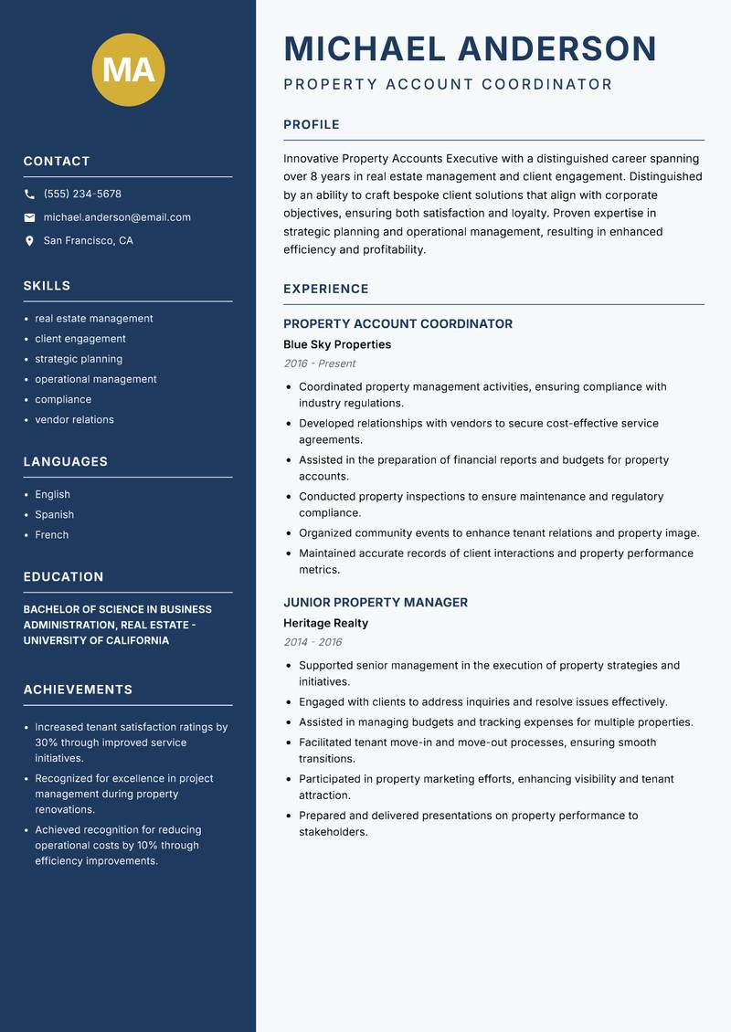 Property Accounts Executive resume sample — Property Account Coordinator focus