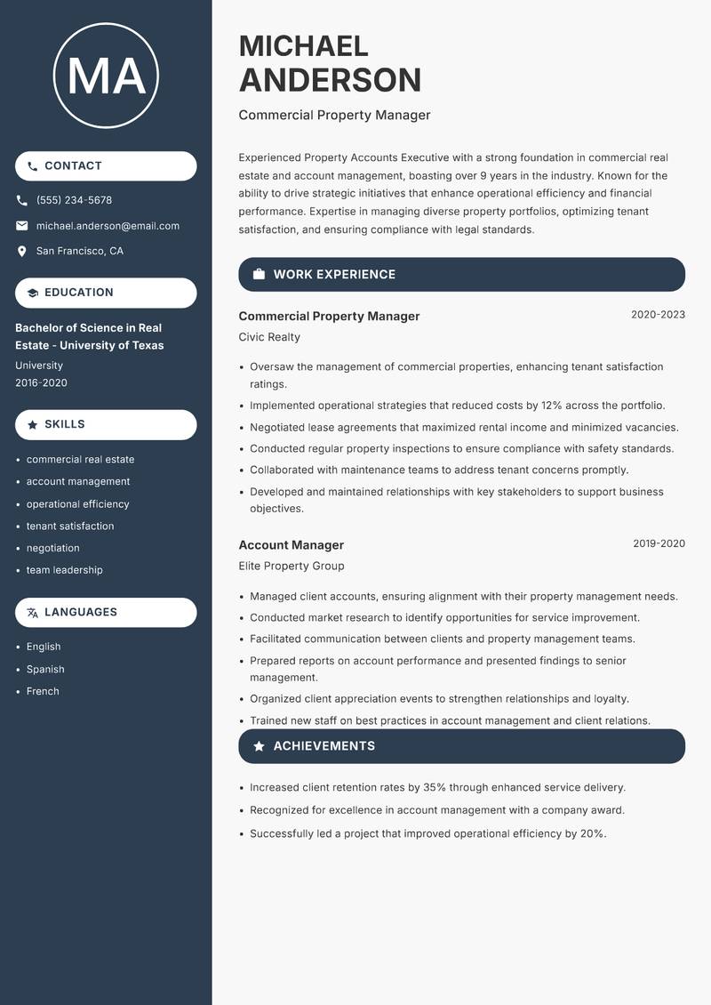 Property Accounts Executive resume sample — Commercial Property Manager focus