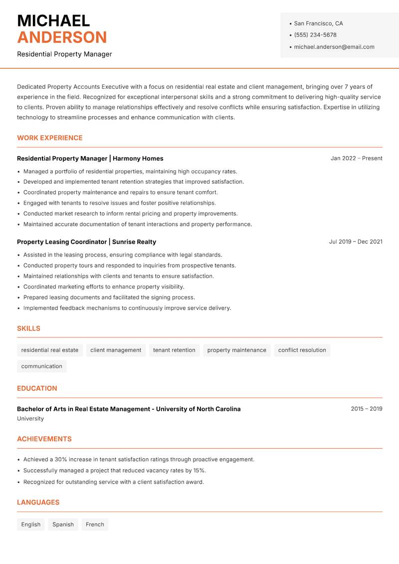 Property Accounts Executive resume sample — Residential Property Manager focus