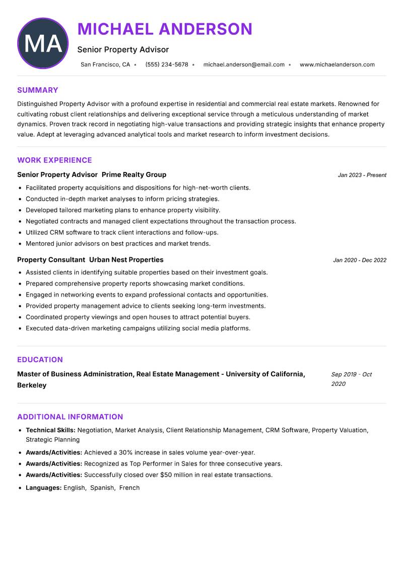 Property Advisor resume example