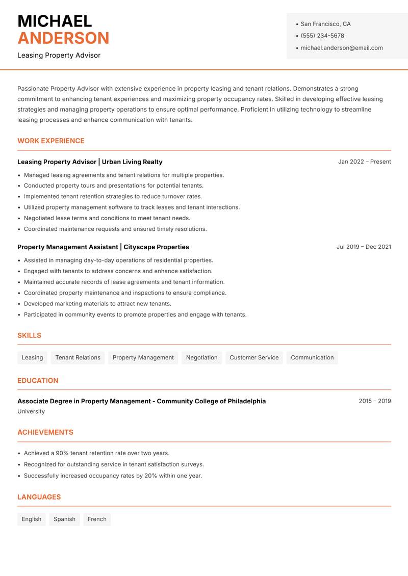 Property Advisor resume sample — Leasing Property Advisor focus
