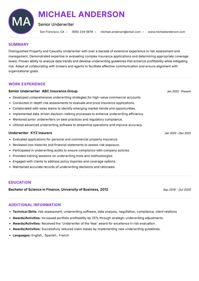 Property and Casualty Underwriter resume example