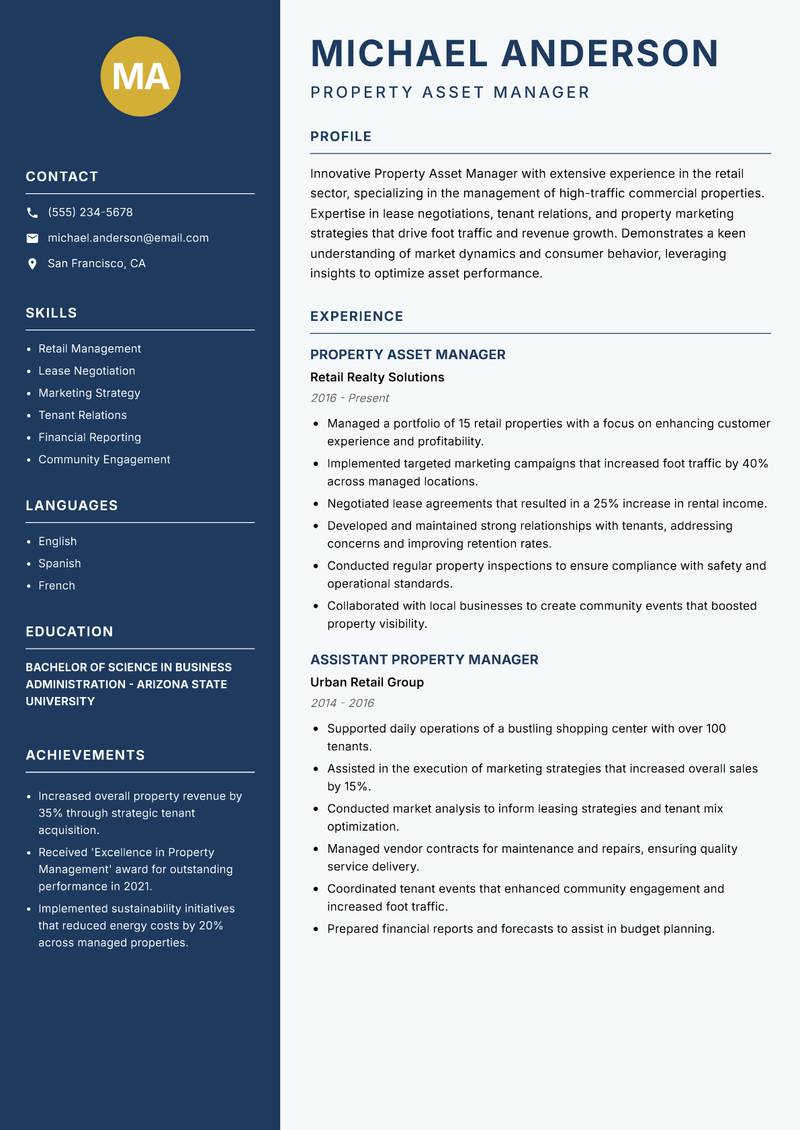 Property Asset Manager resume sample — Property Asset Manager focus