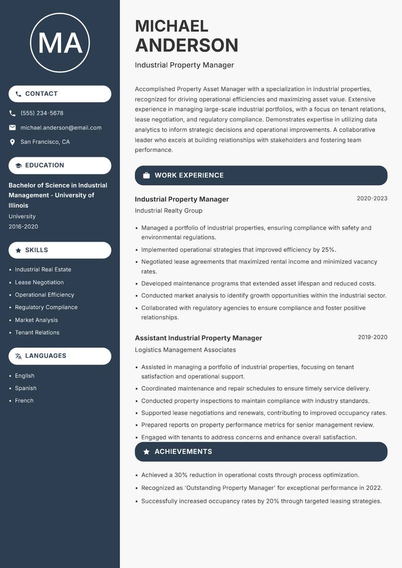 Property Asset Manager resume sample — Industrial Property Manager focus
