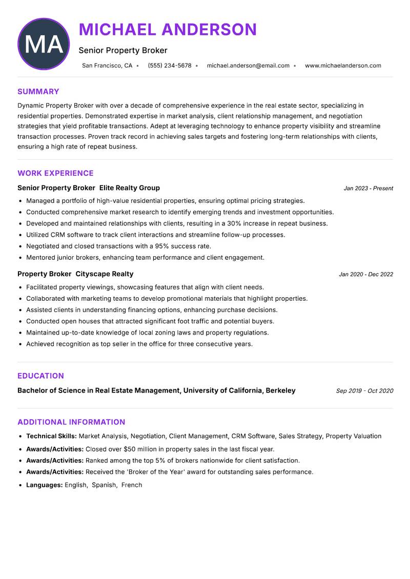 Property Broker resume example