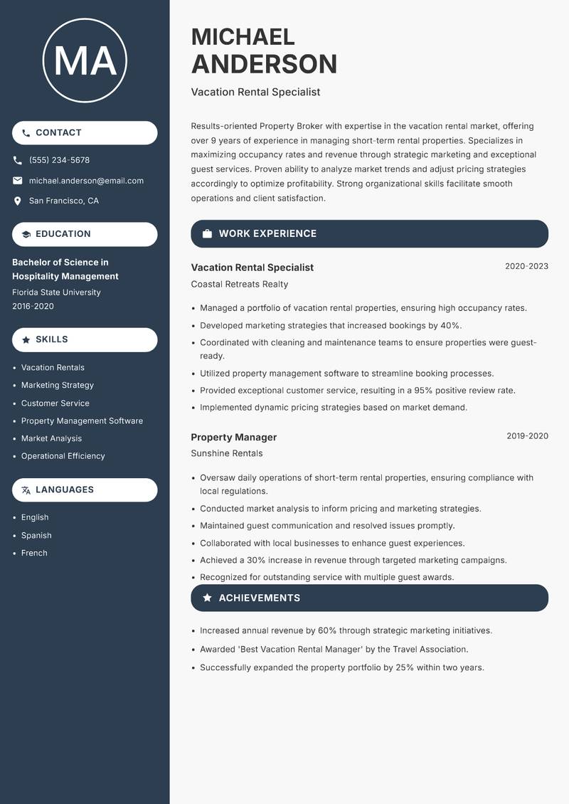 Property Broker resume sample — Vacation Rental Specialist focus