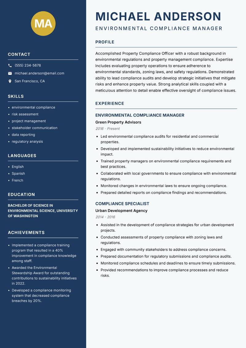 Property Compliance Officer resume sample — Environmental Compliance Manager focus